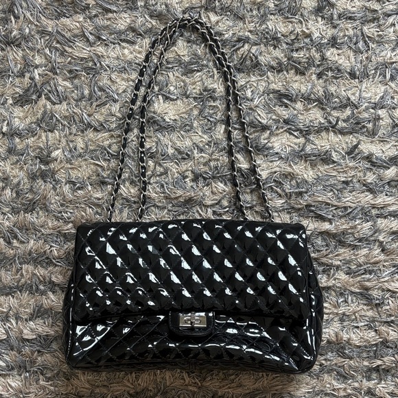 Black Quilted Patent Shoulder Bag with Chain Strap